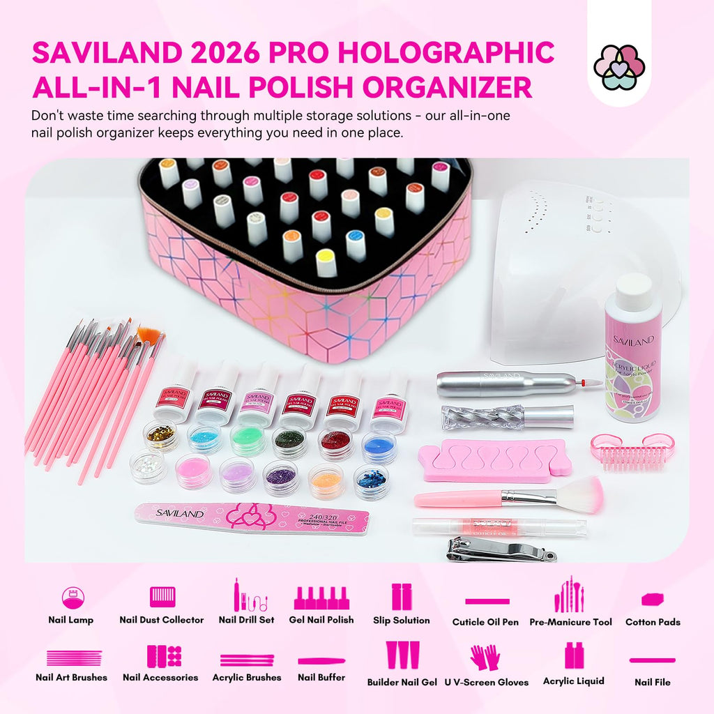 SAVILAND PU Leather Nail Polish Organizer Bag for Nail Tech, Pink | Holds 30 Bottles & Nail Lamp, Waterproof, Double-Layer, Adjustable Divider, Nail Organizers and Storage for Home and Travel