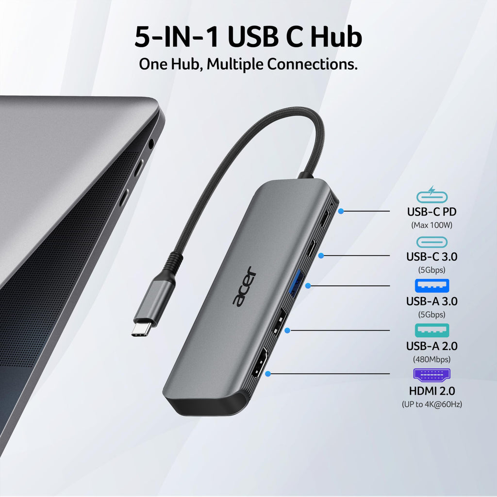 Acer USB C Hub, 5-in-1 USBC to HDMI Adapter with 4K@60Hz for Laptop/Mac | USBC Splitter Docking Station with HDMI 2.0, 100W PD, USB-C, USB-A 3.0 & USB-A 2.0 Data Ports for iPad Pro, iPhone 17 Pro Max