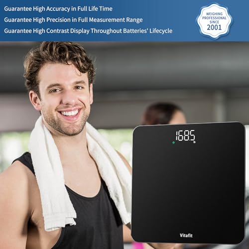 Vitafit Bathroom Scale for Body Weight Accuracy 0.1lb, Weight Scale 400lb | Professional Factory Since 2001 Digital Weighing Scales for Weight, Step On and 3xAAA Included, LED, Spray Silver Black