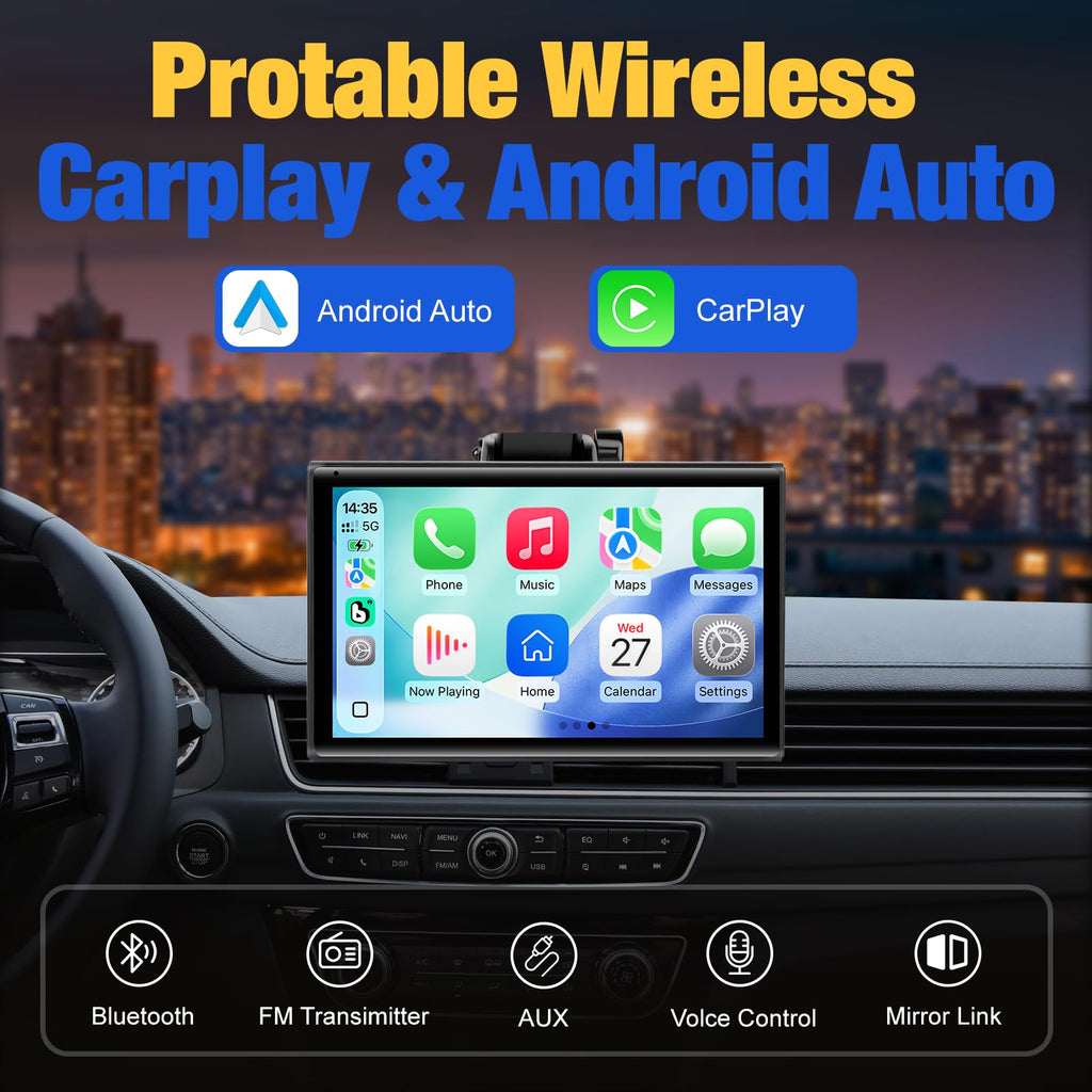 Carplay Screen for Car, 7 inch Wireless Carplay & Android Auto（Black） | Portable Touchscreen car play with Mirror Link，Bluetooth，Voice Control，Map Navigation，FM Transmit，Plug-and-Play car stereo