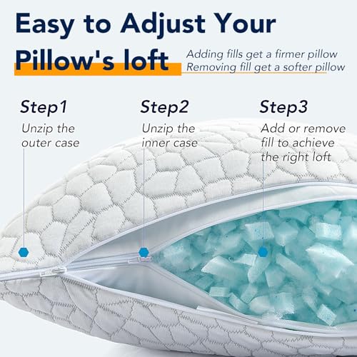 QUTOOL Cooling Pillow for Sleeping, CertiPUR-US Shredded Memory Foam Queen Pillows Set of 2, Cool Pillow for Hot Sleepers Adjustable Firm Pillow for Side, Back, Stomach Sleepers Soft Yet Support,White