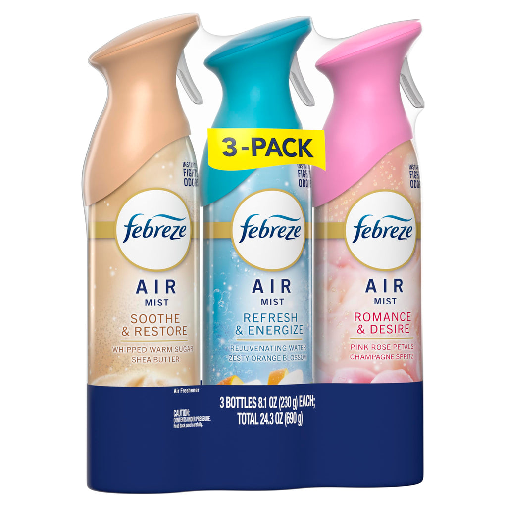 Febreze Air Mist, Air Freshener, Odor Fighting Room Spray, Deodorizer for Home Bathroom Kitchen Office Apartment, Soothe & Restore, Refresh & Energize, Romance & Desire Variety Pack, 8.1oz (Pack of 3)