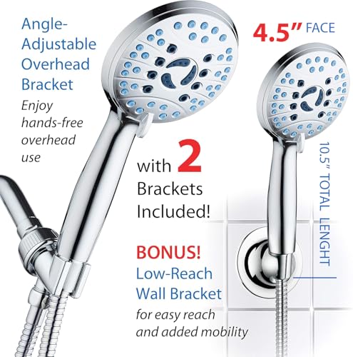 AquaCare 8-mode High Pressure Handheld Shower Head with 2-mode Power Wash | Stay Clean Nozzles, Dual Power Wash for Tub, Tile & Pets, Long 6 ft. Stainless Steel Hose, Wall & Overhead Brackets / Chrome
