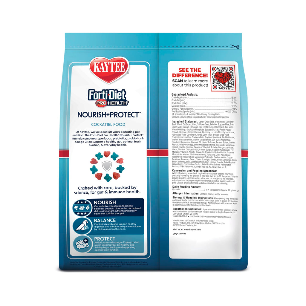 Kaytee Forti-Diet Pro Health Nourish+Protect Cockatiel Food, 5 lb | Digestive support daily. Parrot food for cockatiels. Prebiotics, probiotics, bird feed