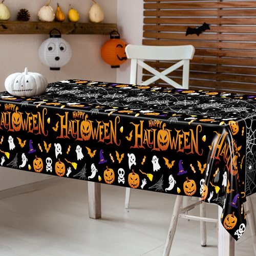 4 Pack Halloween Tablecloth 54 x 108 Inch Pumpkin Spider Web Table Cover | Disposable PE3 Plastic Tablecloth, Waterproof Tablecover for 6-8 Foot Tables, Halloween Pumpkin Decorations Party Tableware
