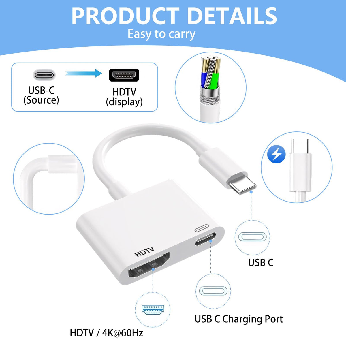 Kinhaly USB C to HDMI for TV, 4K@60Hz Type C to Adapter with Charging Port, iPhone to Hdmi to USB C Adapter Compatible for iPhone 18/17/16/15 Series/iPad Pro/MacBook Pro to HDTV Projector
