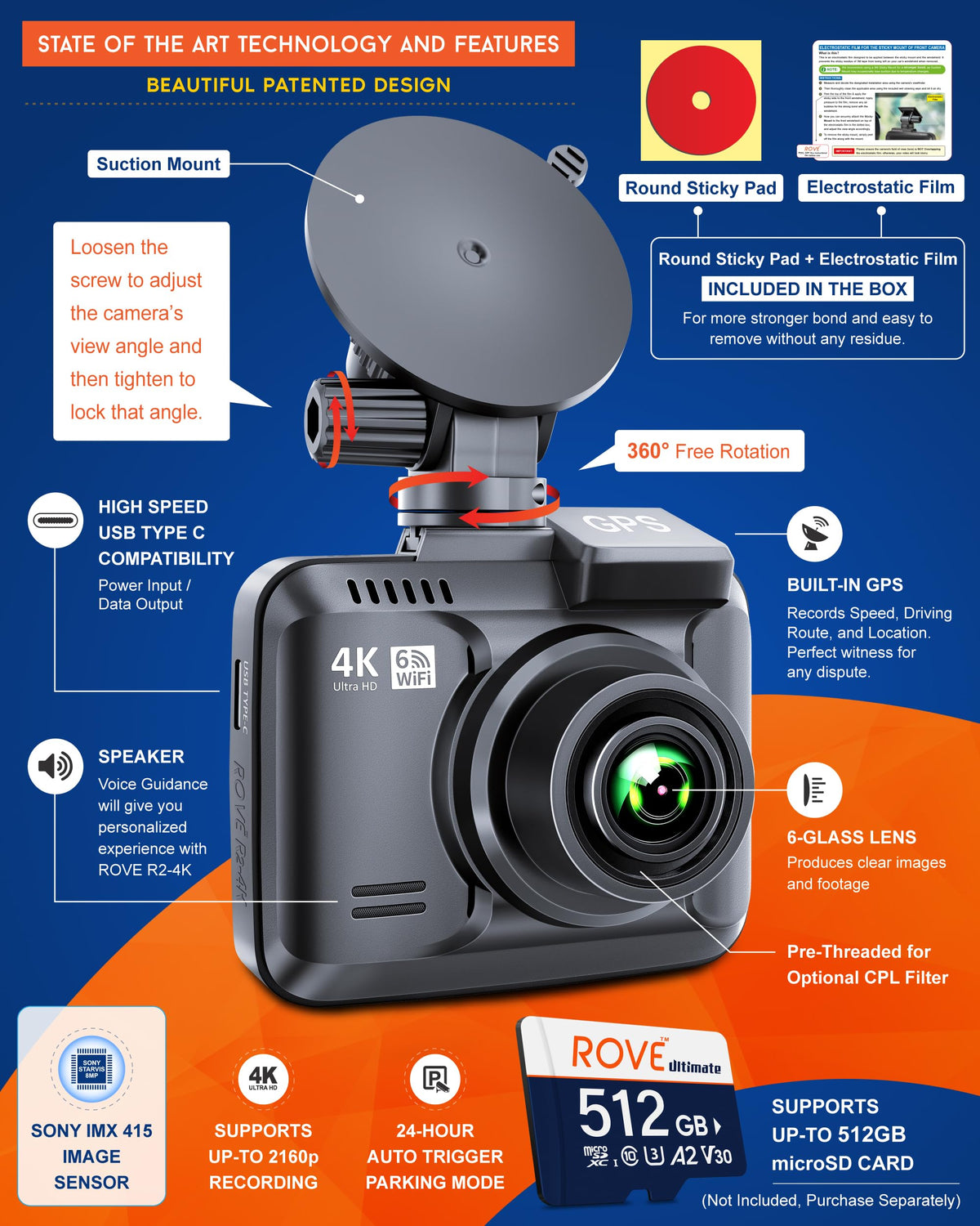 ROVE R2-4K Dash Cam, 4K UHD 2160P Car Camera, 8MP Sensor, WiFi 6 and GPS | Super Night Vision, 150° Wide Angle, 2.4in Screen, 24-Hr Parking Mode, Supports 512GB Max, Dash Camera for Cars Trucks