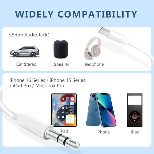 USB C to 3.5mm Audio Aux Jack Cable,3.3 ft, aux Cord for iPhone,Type C to 3.5mm Aux Headphone Stereo Cord Car Cable for iPhone 16/16 Pro, Samsung Galaxy S25 and Other iOS and Android Devices(White)