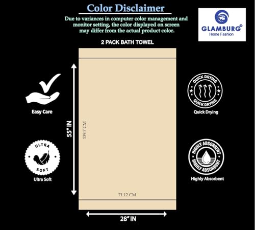 GLAMBURG 100% Cotton 2 Pack Oversized Bath Towel Set 28x55 Inches, Ultra Soft Highly Absorbant Compact Quickdry & Lightweight Large Bath Towels, Ideal for Gym Travel Camp Pool - Black