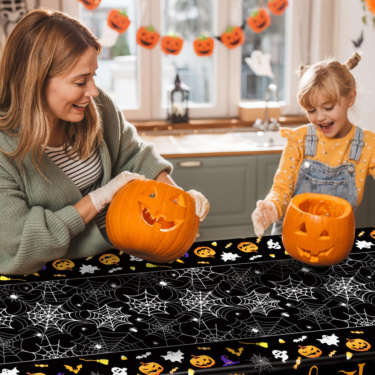 4 Pack Halloween Tablecloth 54 x 108 Inch Pumpkin Spider Web Table Cover | Disposable PE3 Plastic Tablecloth, Waterproof Tablecover for 6-8 Foot Tables, Halloween Pumpkin Decorations Party Tableware