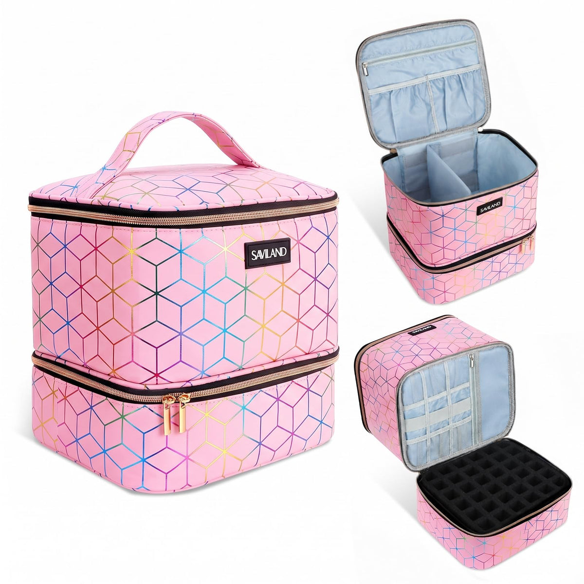 SAVILAND PU Leather Nail Polish Organizer Bag for Nail Tech, Pink | Holds 30 Bottles & Nail Lamp, Waterproof, Double-Layer, Adjustable Divider, Nail Organizers and Storage for Home and Travel