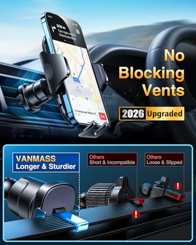 [True Military-Grade] Car Phone Holder VANMASS [Upgraded Strongest Suction&Clip] Cell Phone Mount for Dashboard Windshield Vent Kit, Truck Cradle Stand for iPhone 18 Pro Max 17 16 15 Android,Ink Black