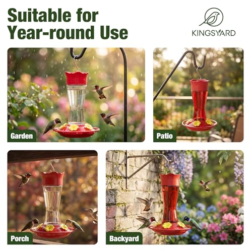 Kingsyard 2-Pack Glass Hummingbird Feeder for Outdoors Hanging, 10 oz Leak-Proof Humming Bird Feeders with Ant Moat & Bee Proof Feeding Ports, Hummingbird Gift for Bird Lovers (Clear)