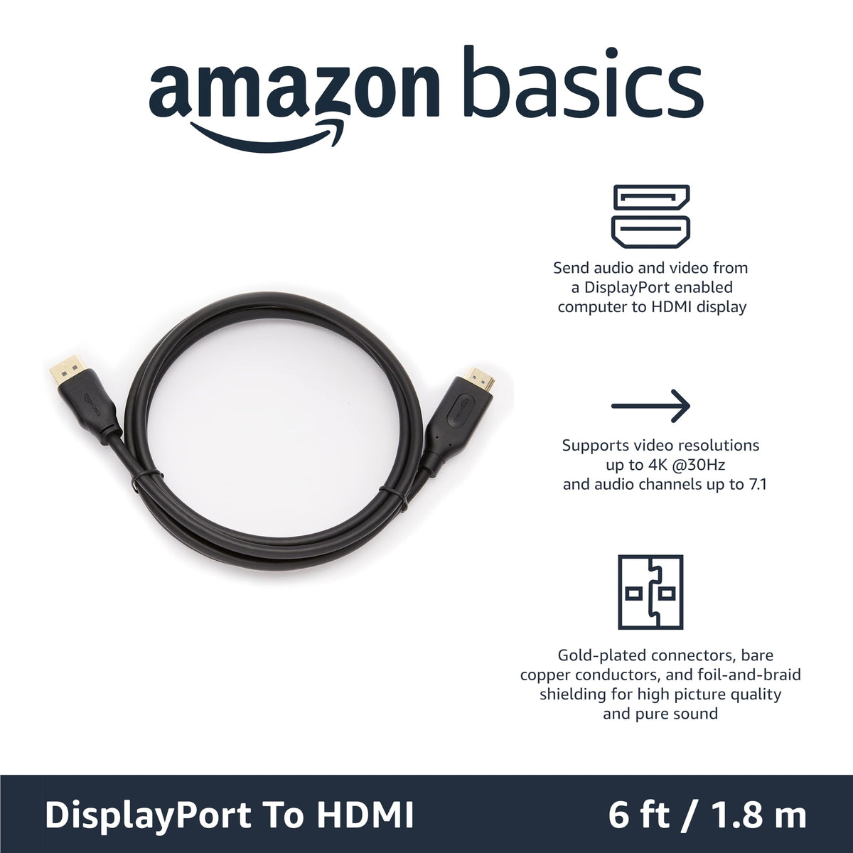 Amazon Basics DisplayPort to HDMI Cable, Uni-Directional, 4K@30Hz, 1920x1200, 1080p, Gold-Plated Connectors for Enhanced Picture Quality and Sound, 6 ft, Black Temp