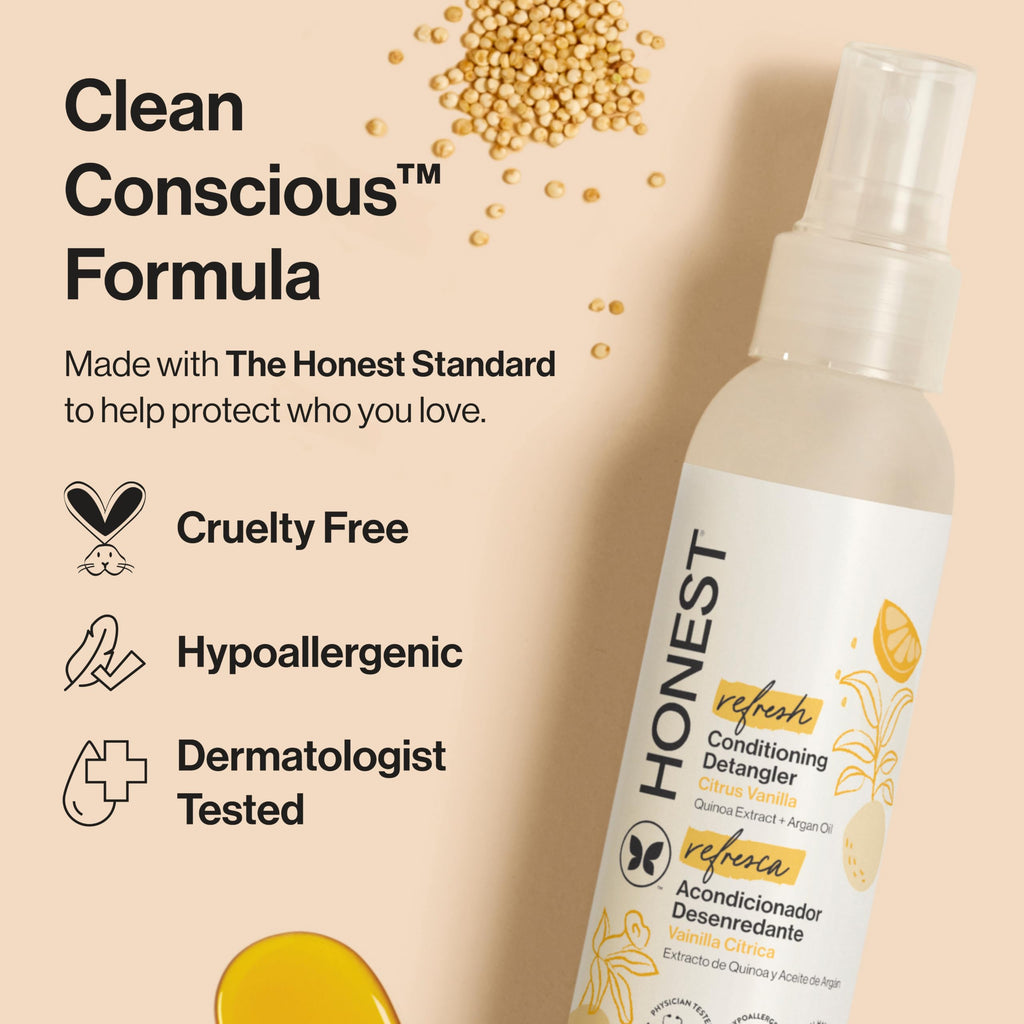 The Honest Company Hair Detangler, Citrus Vanilla Refresh, 4 fl oz | Leave-In Conditioner & Detangler Spray, 4 Fl Oz. Tear-Free, Hypoallergenic. Gentle For Baby's Sensitive Skin.