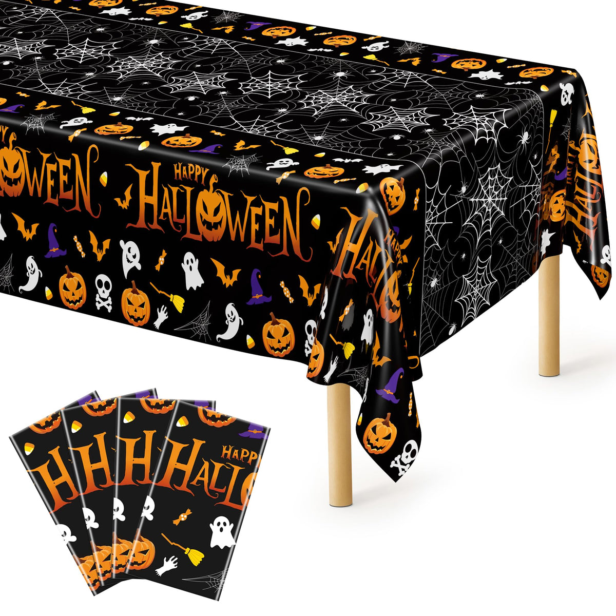 4 Pack Halloween Tablecloth 54 x 108 Inch Pumpkin Spider Web Table Cover | Disposable PE3 Plastic Tablecloth, Waterproof Tablecover for 6-8 Foot Tables, Halloween Pumpkin Decorations Party Tableware