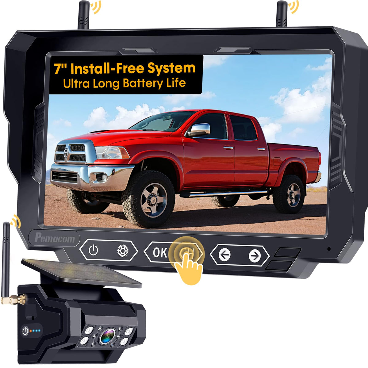 1080P HD Wireless Backup Camera - 1 Minute Magnetic Easy Install No Wiring | 7" Anti-Glare Monitor, Clear Night Vision, Solar 24H Long Life, Scratch-Proof Rear View Camera for Truck, Trailer, Small RV
