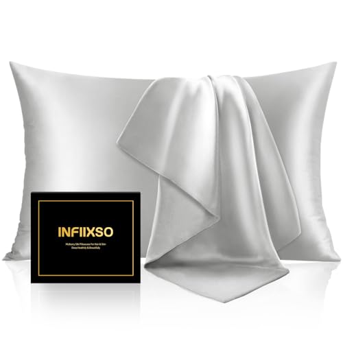 INFIIXSO Mulberry Silk Pillow Cases Standard Size with Zipper, Light Grey | Ultra Smooth & Soft Silk Pillowcase for Hair & Skin, Cooling Pillow Cover for Hot Sleepers, Hidden Zipper, 1Piece 20"x26"