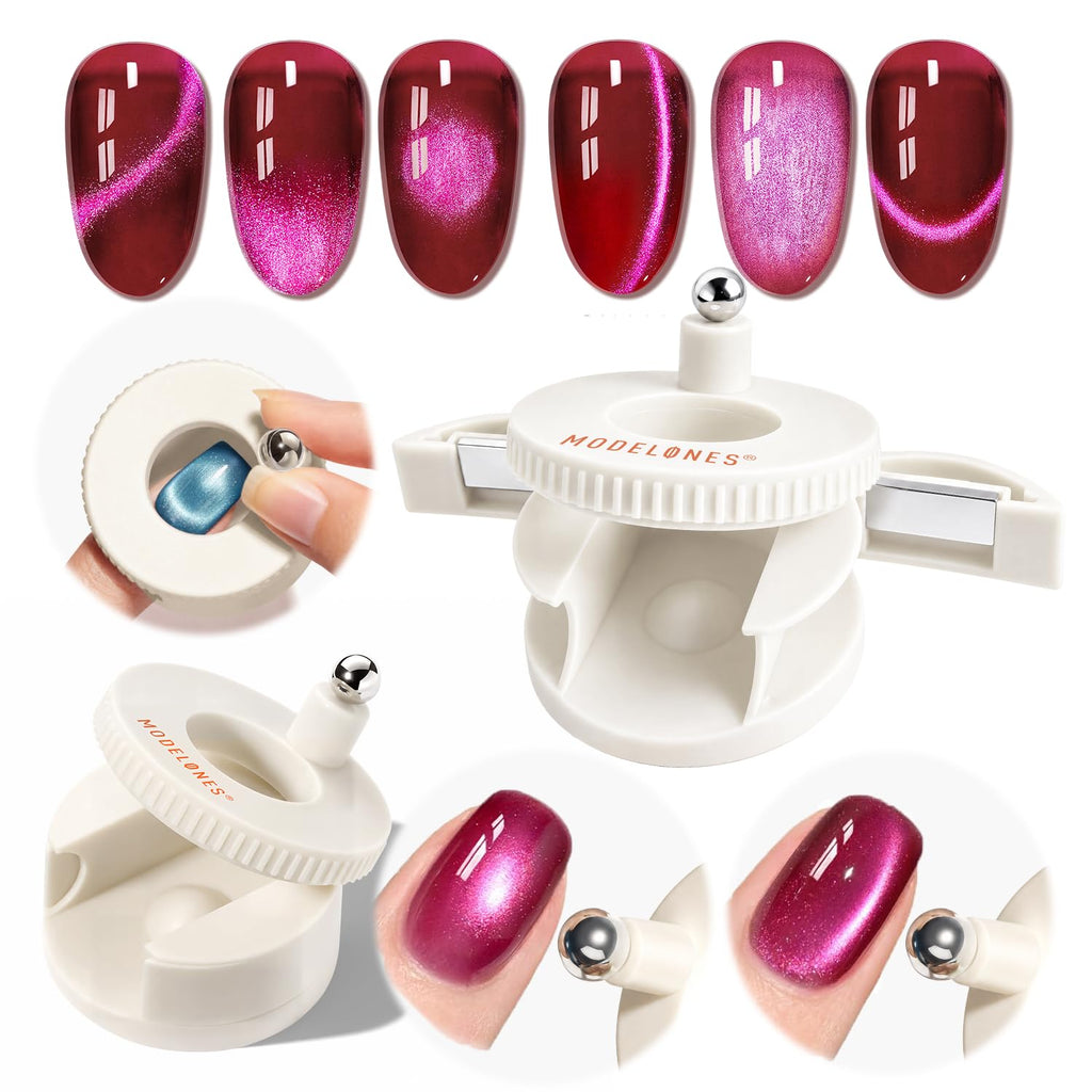 Modelones Cat Eye Magnet 5D Automatic Nail Magnet for Cateye Gel Polish | Pink Upgraded 3-in-1 Strong 360° Rotating Glass Bead Magnetic Side-Light Nail Magnet for Beginner-Friendly DIY Nail Designs