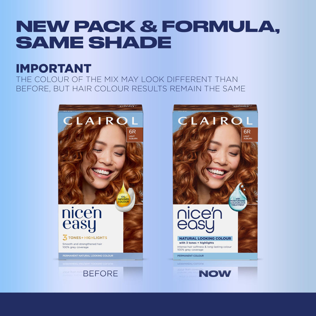 Clairol Nice'n Easy Permanent Hair Dye, 6R Light Auburn | 1 Pack | Zero Ammonia, PPD‑Free, 100% Gray Coverage with Bonding System | Pack of 1