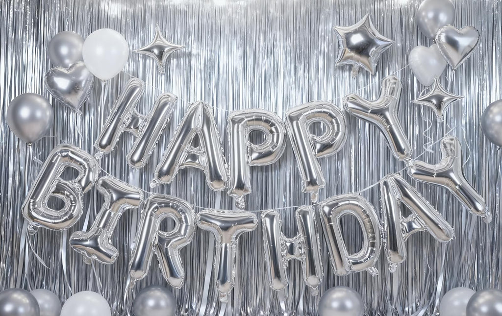 Silver Happy Birthday Balloons Banner Sign Mylar letter Party Decoration | Include Aluminum Foil Four、Five Pointed Star Suitable for Kids, Men, Women, Boys and Girls, Properly Stored and Reusable.
