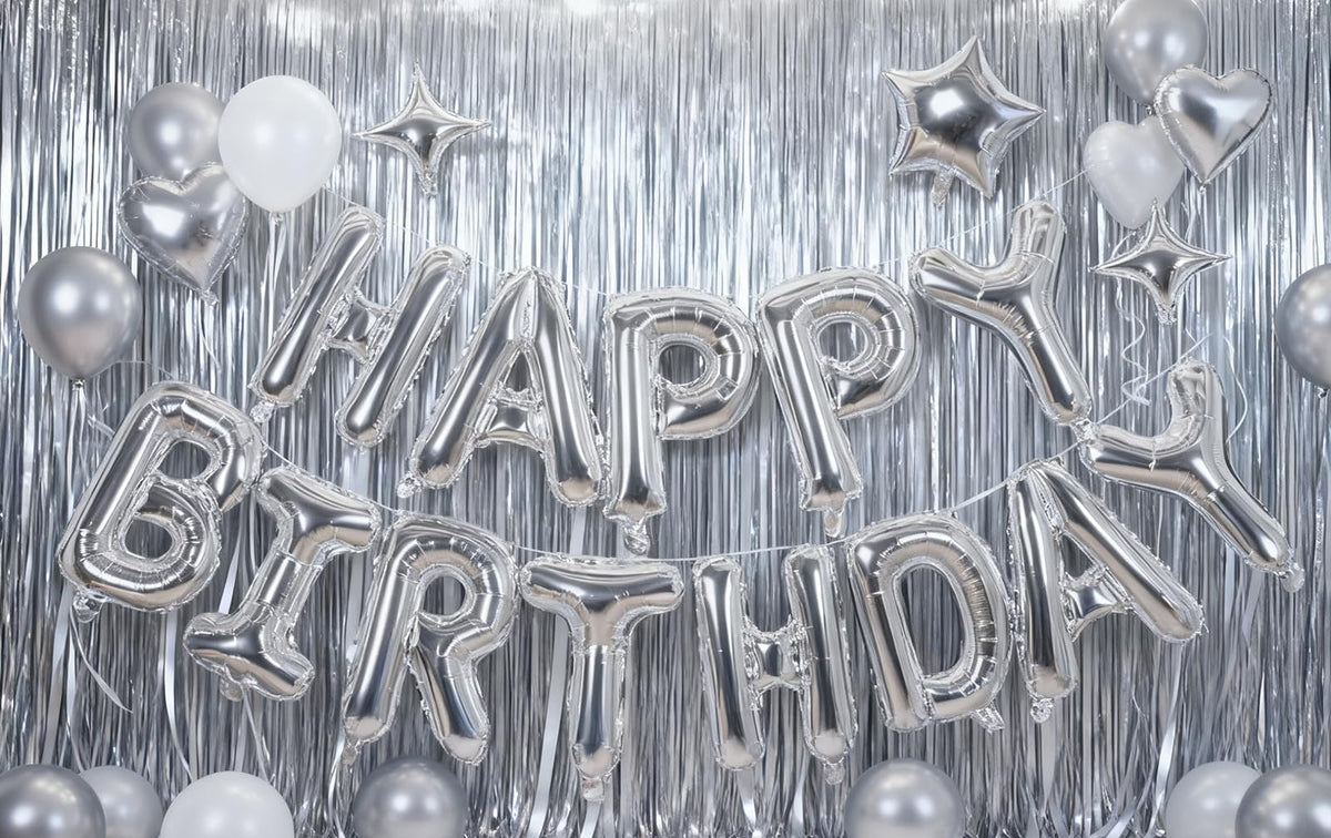 Silver Happy Birthday Balloons Banner Sign Mylar letter Party Decoration | Include Aluminum Foil Four、Five Pointed Star Suitable for Kids, Men, Women, Boys and Girls, Properly Stored and Reusable.