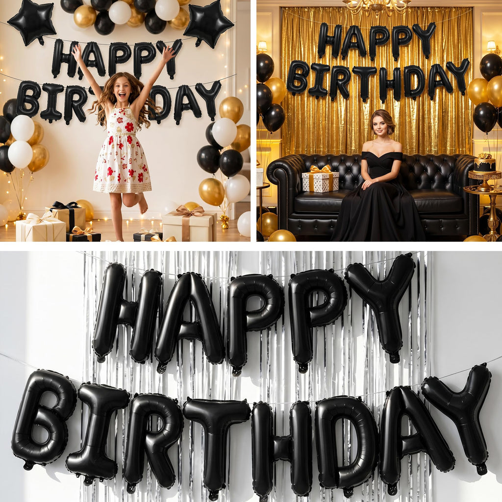 TONIFUL 16 Inch Black Happy Birthday Balloons Banner Decorations for Men | Reusable Foil Letter Birthday Sign Black Birthday Decoration for 16th 30th 50th 60th Boys Adults and Halloween Birthday Party