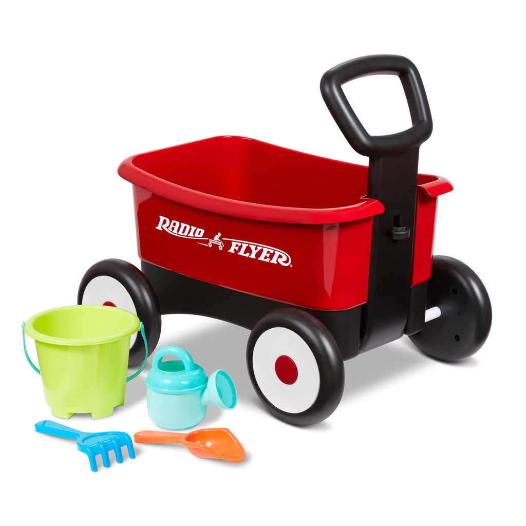 Radio Flyer Push & Pull Walker Wagon with Garden Tools, Ages 1-4 Years, Red | Locking Handle for Stability, Baby Push Walker Converts to Pull Wagon, Indoor & Outdoor Play
