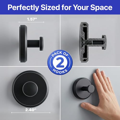 HOME SO Suction Cup Hooks for Shower & Bathroom Towel Holder 2-Pack Black