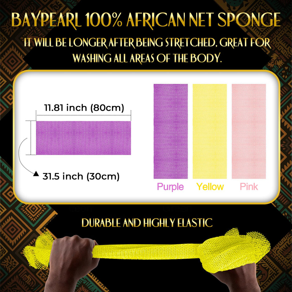UJFQBH 3 Pack African Net Sponge, African Exfoliating Net Bath Sponge Long Net Bath Sponge Exfoliating Shower Body Scrubber Back Scrubber Skin Smoother,Great for Daily Use (Pink,Yellow,Purple)