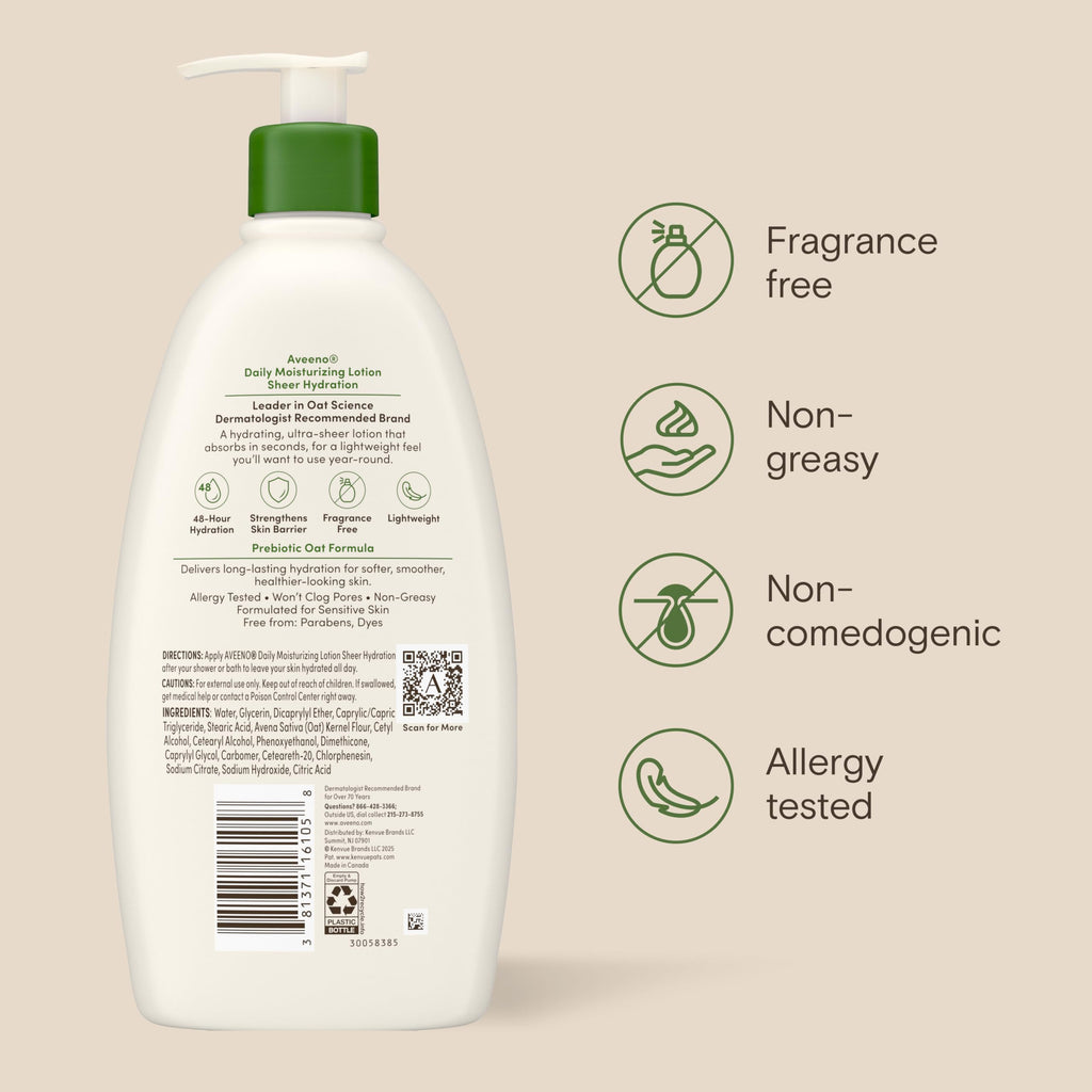 Aveeno Daily Moisturizing Body Lotion, Fragrance-Free, 18 fl. oz | Daily Moisturizing Body Lotion for Normal to Dry Skin, Soothing Prebiotic Oat, Non-Greasy Formula, Non-Comedogenic