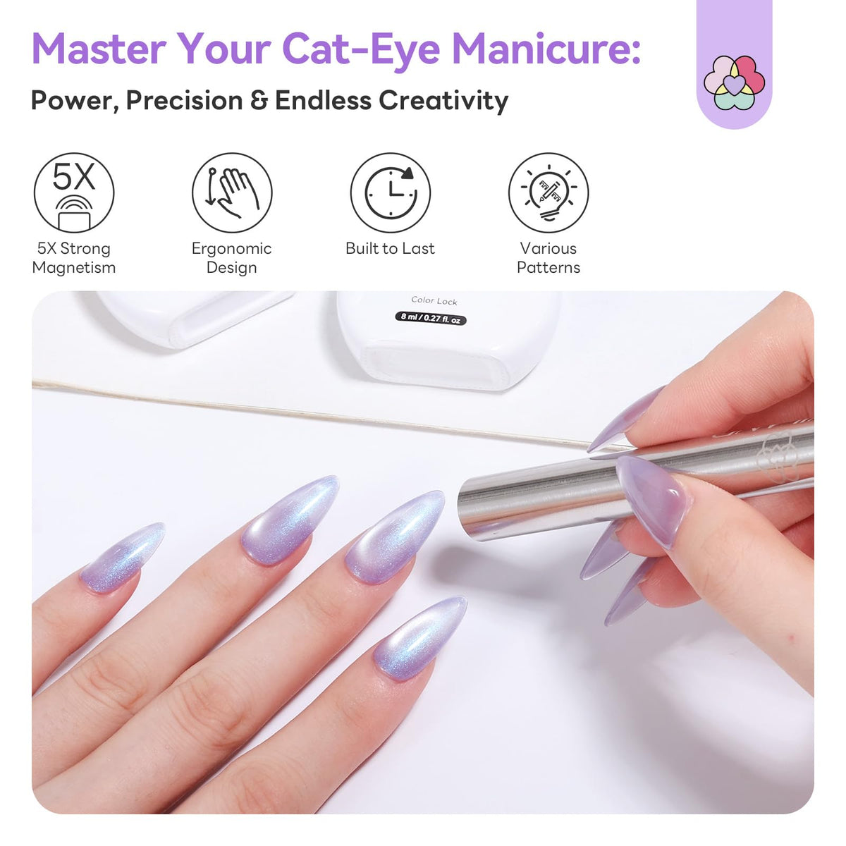 SAVILAND 5X Strong Cat Eye Magnet Dual-Ended Nail Magnet Stick | Neodymium Cat Eye Gel Nail Polish Magnet, Ergonomic Magnetic Nail Wand, 3D Cateye Nails, Cat-Eye Effect for Nail Art