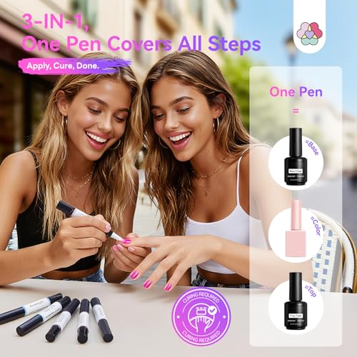 SAVILAND One-Step Gel Nail Polish Pens Set, 6 Colors Pearl Pink Blue | 3 in 1 Gel Polish Set Beginner, Base & Color Gel & Top in One Pen, Aurora Effect, Travel 4ml, U V Lamp Needed, Women Gift