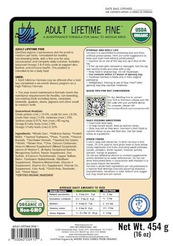 Harrison's Bird Foods Bird Food Adult Lifetime Fine Certified Organic Non-GMO Formula Bird Food 1lb