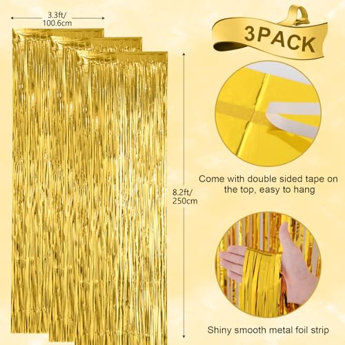 Voircoloria Gold Foil Fringe Backdrop Curtains, 3.3x8.2ft, 3 Pack | Tinsel Streamers, For New Years Eve, Graduation, Birthday, Baby Shower