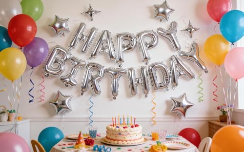 Silver Happy Birthday Balloons Banner Sign Mylar letter Party Decoration | Include Aluminum Foil Four、Five Pointed Star Suitable for Kids, Men, Women, Boys and Girls, Properly Stored and Reusable.