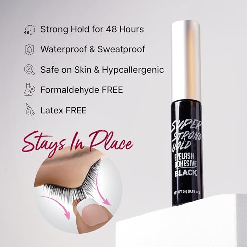i•ENVY Super Strong Hold Eyelash Adhesive, Waterproof, 48-Hour Long-Lasting Lash Glue, Latex-Free, Hypoallergenic, Quick-Drying with Brush-On Applicator for Strip Lashes (Black, 1 Pack)
