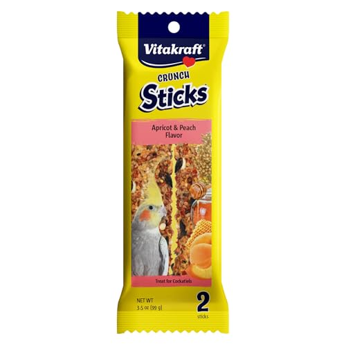 Vitakraft Crunch Sticks Cockatiel Treat Apricot & Peach Flavor - 2 Sticks | Real Dried Fruit, Sweet Honey Coating, Natural Wood Center, Encourages Foraging Chewing, 2 Count Pack