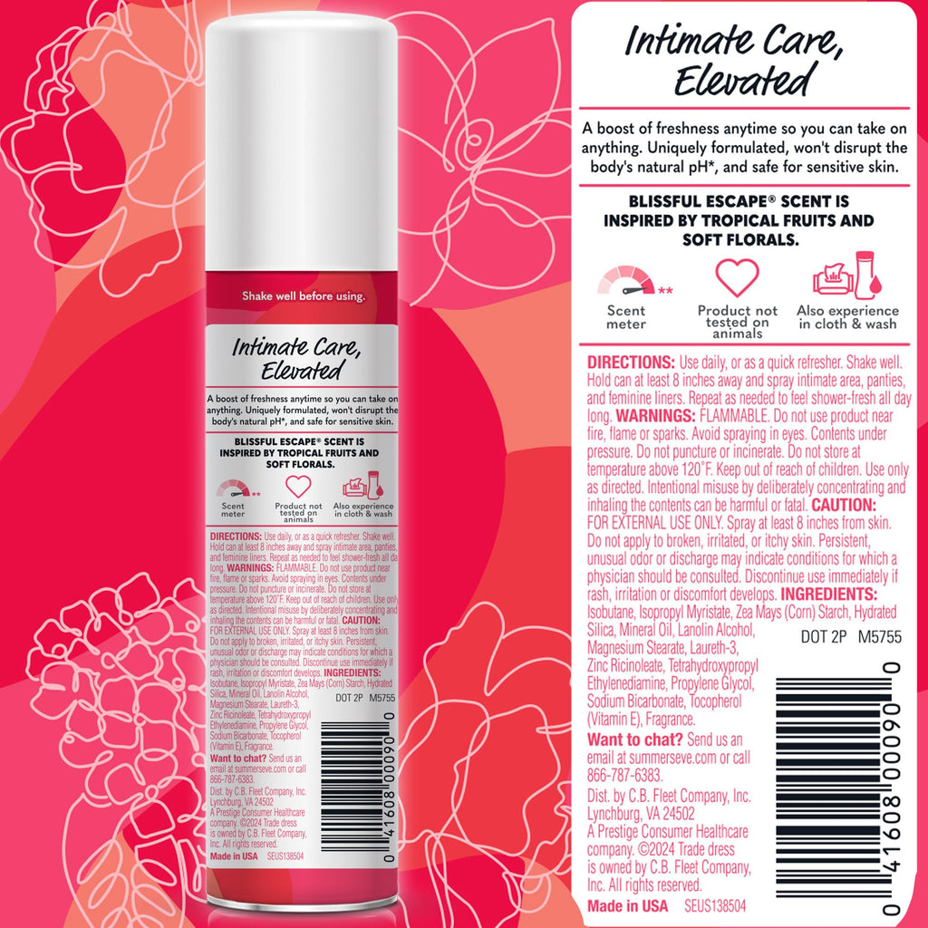 Summer's Eve Daily Refreshing Feminine Spray, Blissful Escape, 2 Oz | Talc-Free, Daily Body Spray for Women, Feminine Care that Neutralizes & Reduces Body Odor, Gynecologist-Tested, On-The-Go