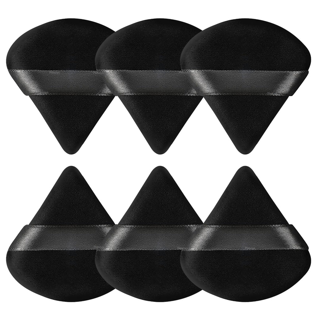 Pimoys Powder Puffs, 6 Pack Triangle Makeup Puff, Black | Soft Velour, Triangle and Round Design, Washable, Finger Strap, for Loose Powder