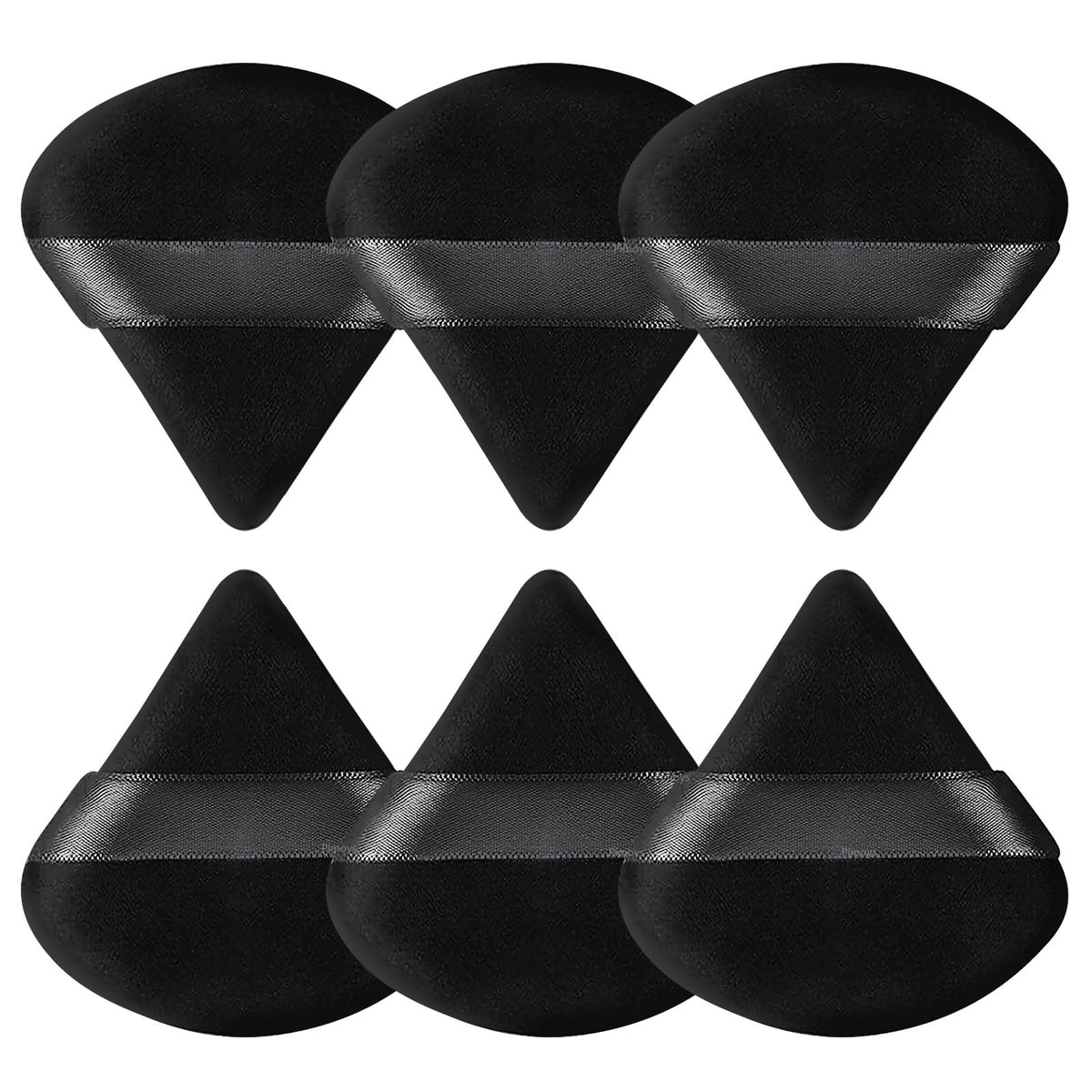Pimoys Powder Puffs, 6 Pack Triangle Makeup Puff, Black | Soft Velour, Triangle and Round Design, Washable, Finger Strap, for Loose Powder