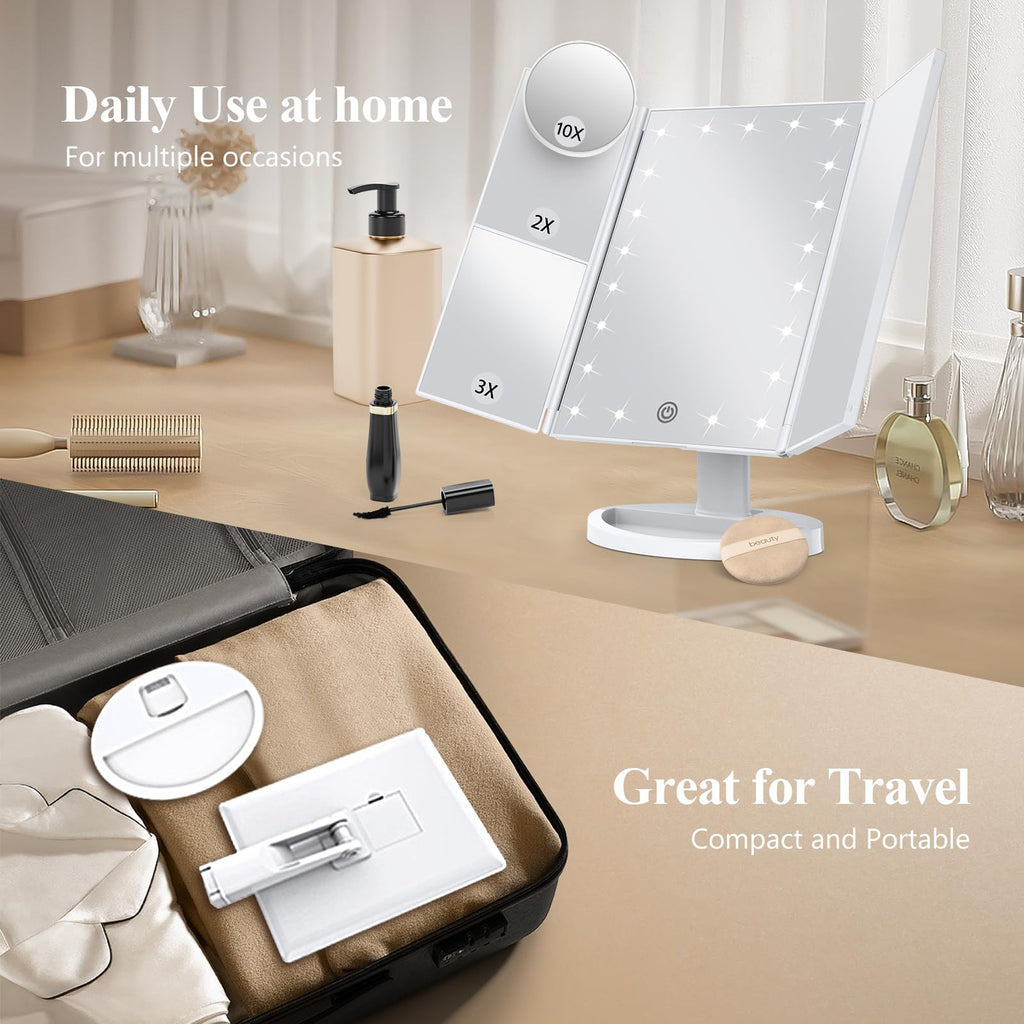 HUONUL 2X/3X/10X Magnifying Vanity Mirror with Light, Trifold Makeup Mirror | Touch Dimming, Dual Power, Clear View for Makeup, Skincare. Dorm Room Essentials. Birthday Gifts for Women, Mom, Wife, Girls