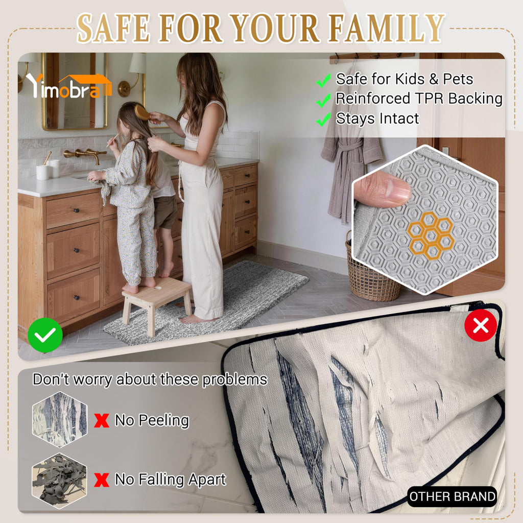 Yimobra Bathroom Rugs Non Slip Washable, Ultra Soft and Water Absorbent Bath Mats, Fluffy Shower Mat Outside, Plush Matts for Bathroom Floor/Sink, 24X17, Home Decor Accessories, Light Gray and White
