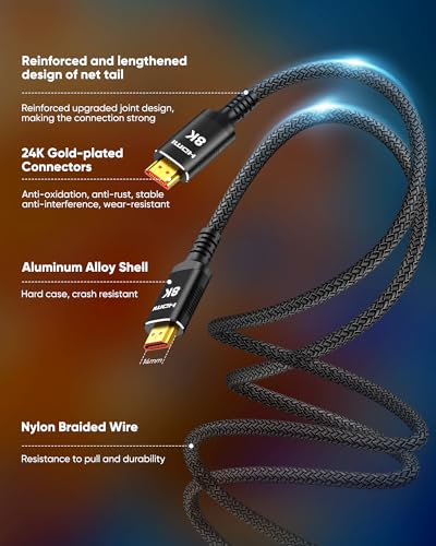 Snowkids 8K HDMI Cable 10ft, Certified 2.1 UHD [4K & Ethernet Support] | 48Gbps Ultra High Speed,Non-Slip,eARC 4K120 144Hz HDR10 HDCP 2.2&2.3,Braide 8K@60Hz Compatible for TV/PS-5/X-box/Sound System