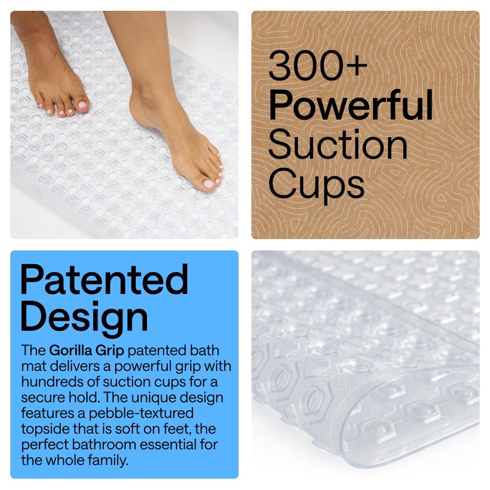 GORILLA GRIP Bath Tub Shower Mat, Bathtub Floor Liner, 35x16 Clear | Patented Large Mats, Machine Washable, Suction Cups and Drain Holes to Keep Tubs Clean, Soft on Feet, Bathroom Essentials