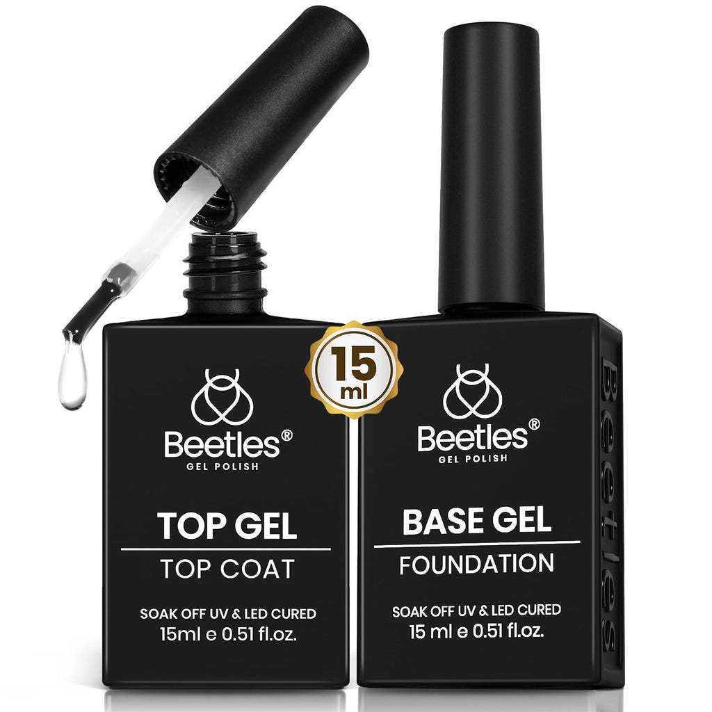 Beetles No Wipe Gel Top Coat and Base Coat Set for Gel Nail Polish | 2Pcs 15ml Super Shiny and Long Lasting Soak Off UV/LED Lamp Nail Art Design Gift
