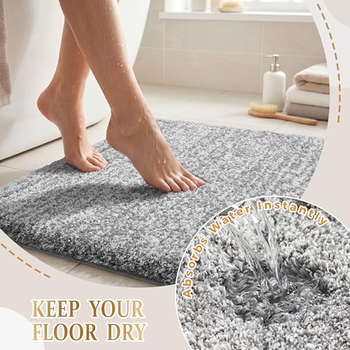 Yimobra Bathroom Rugs Non Slip Washable, Ultra Soft and Water Absorbent Bath Mats, Fluffy Shower Mat Outside, Plush Matts for Bathroom Floor/Sink, 24X17, Home Decor Accessories, Light Gray and White