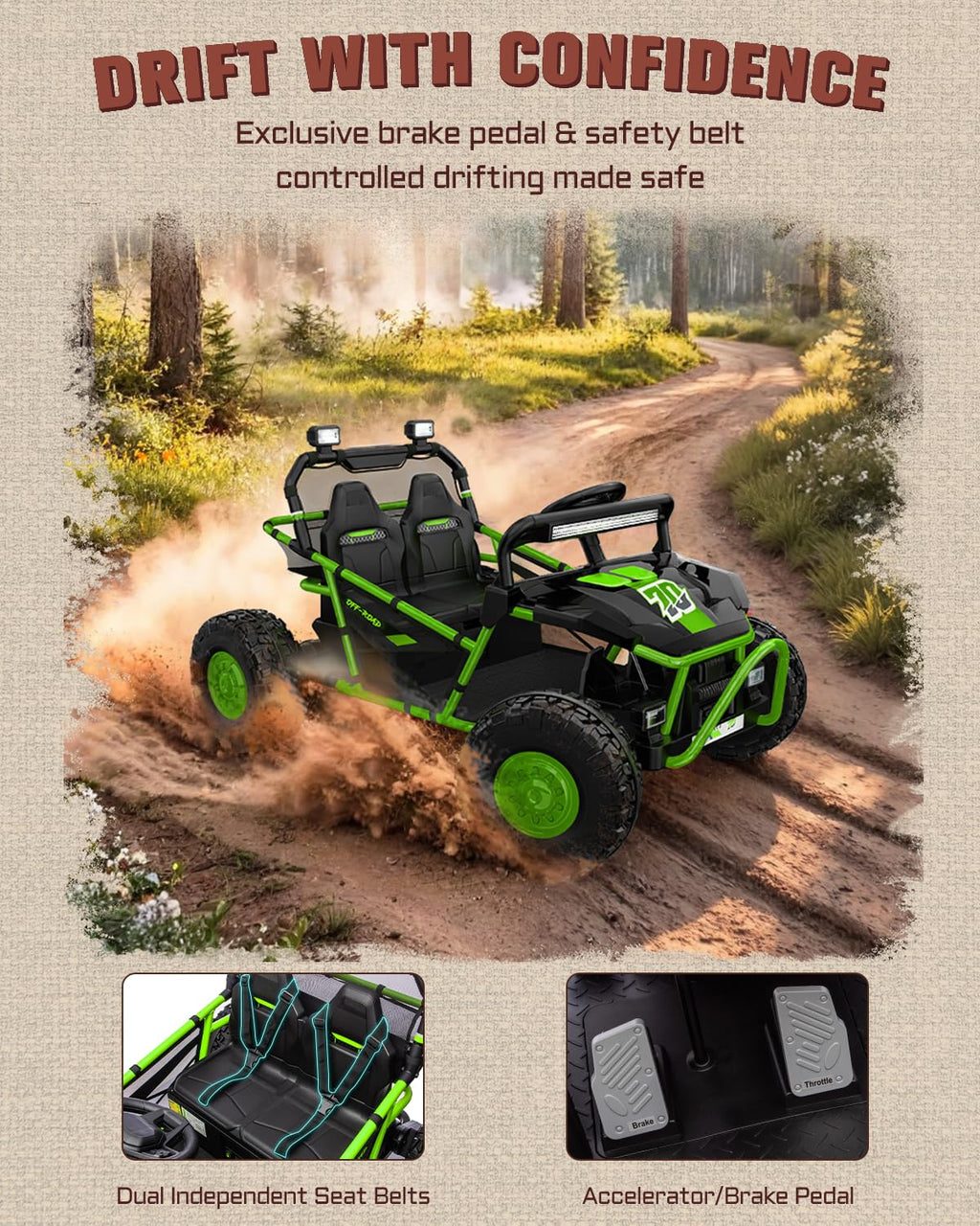 First Ride On 36V Kids Ride On UTV, 2-Seater 400W Electric Car for Kids 6+, 5-8 MPH Speed, 14" EVA Wheels, Metal Frame, Bluetooth Music, Rear Metal Suspension Off-Road Vehicle (Green)
