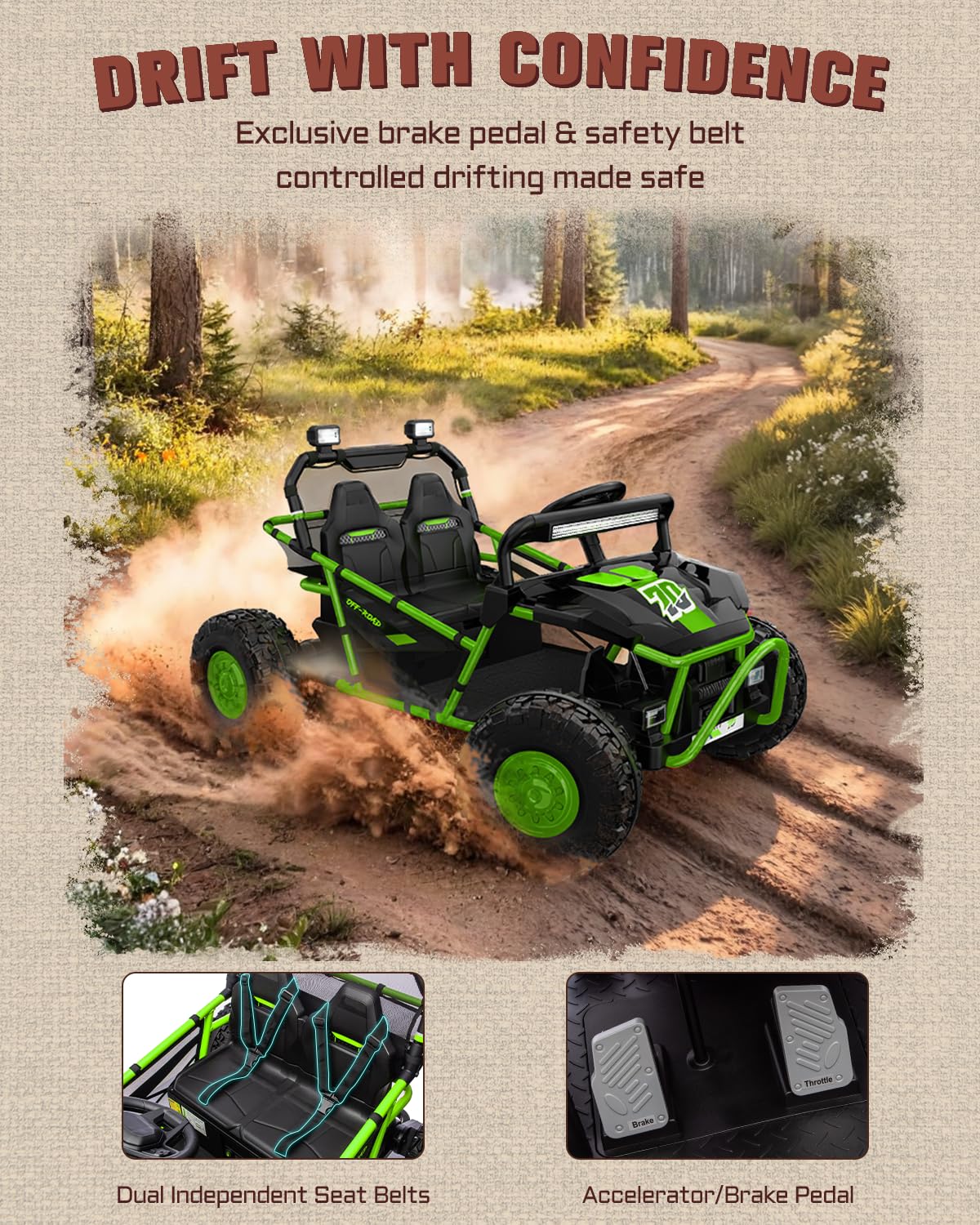 First Ride On 36V Kids Ride On UTV, 2-Seater 400W Electric Car for Kids 6+, 5-8 MPH Speed, 14" EVA Wheels, Metal Frame, Bluetooth Music, Rear Metal Suspension Off-Road Vehicle (Green)