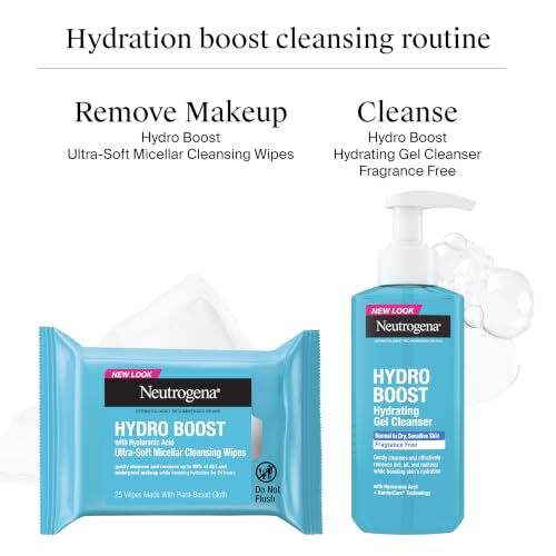 Neutrogena Hydro Boost Cleansing Wipes Makeup Remover, 25 Ct | Micellar Cleansing Cloths, Gently Removes Oil, Dirt, Waterproof Makeup, Hydrating Hyaluronic Acid